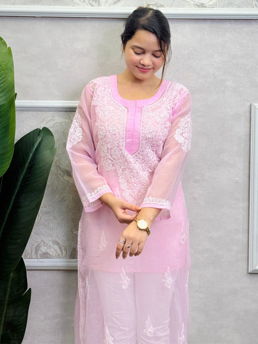 Baby pink georgette Lucknow Chikankari kurta with hand embroidery – casual wear