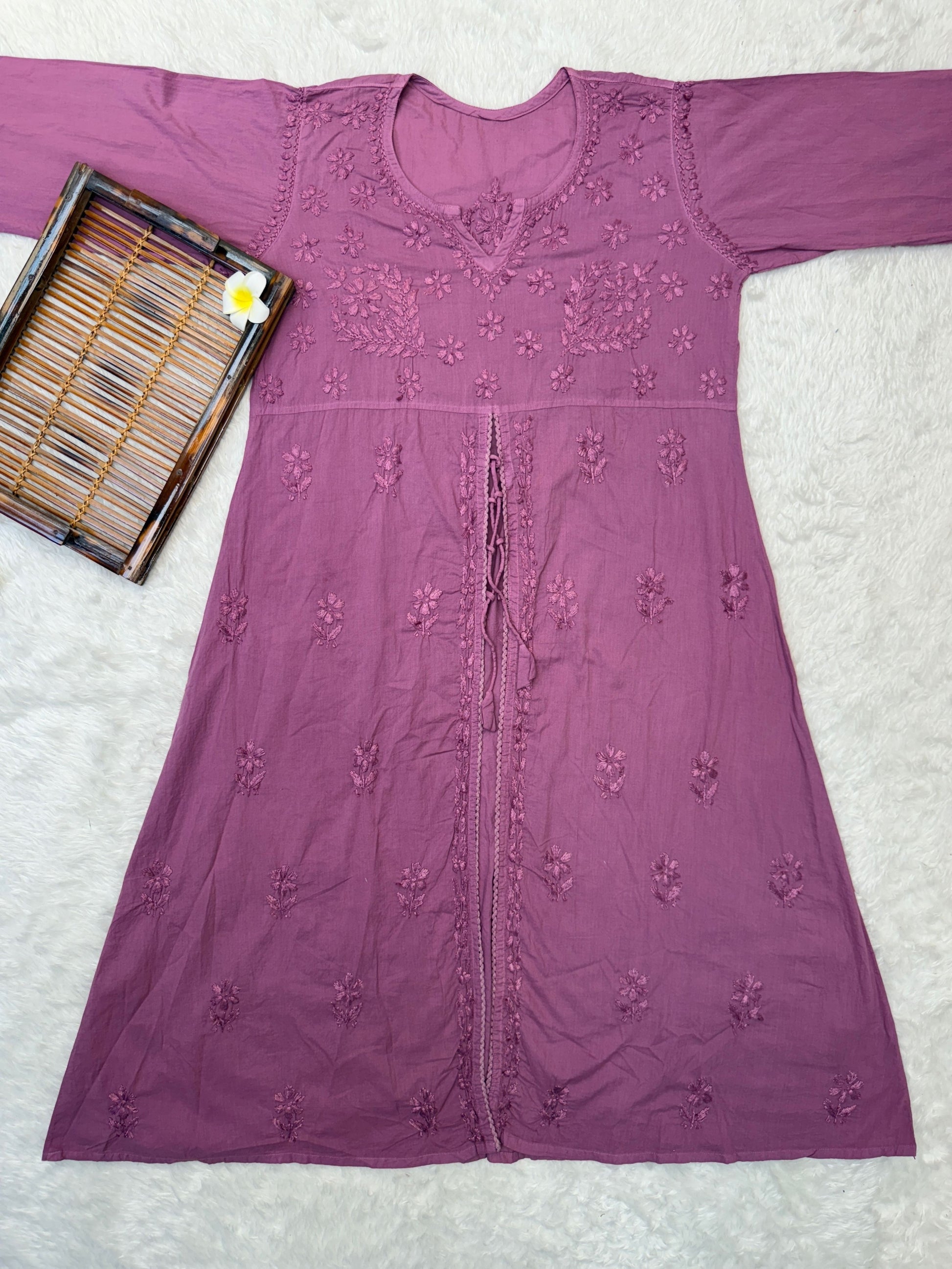 Mauve cotton chikankari long flair kurta with hand embroidery in premium quality