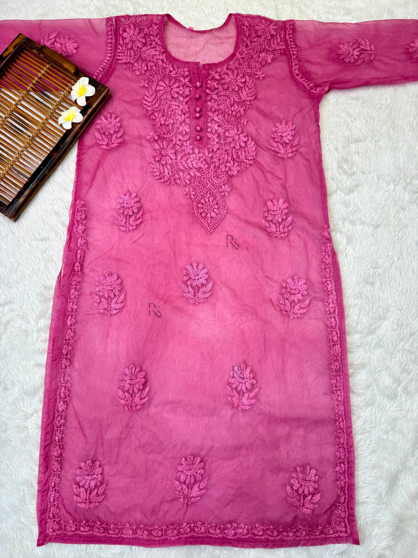 Magenta Lucknow chikankari organza kurta with hand embroidery in transy fabric