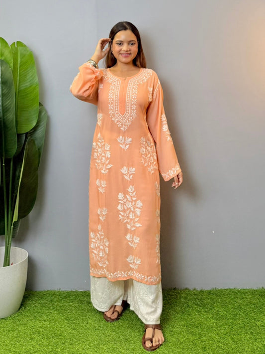 Peach modal Lucknowi Chikankari kurta with white hand embroidery