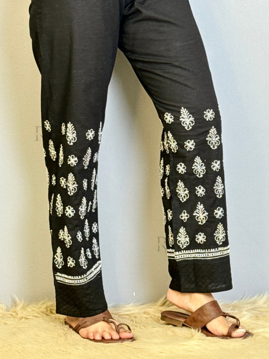 Black cotton Chikankari pant with hand embroidery in white thread – non-stretchable ethnic bottom