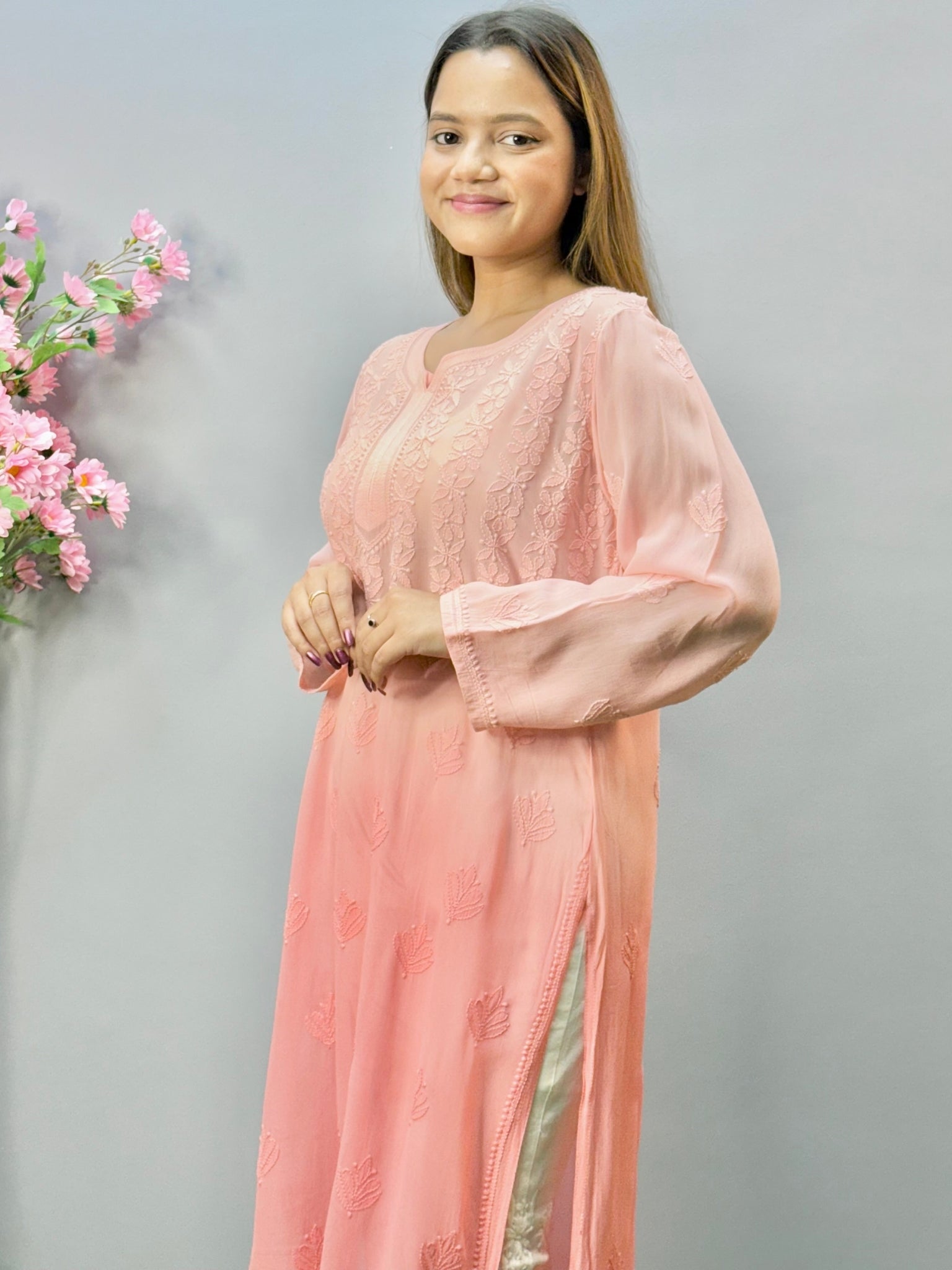 Peach viscose Lucknow Chikankari kurta with delicate hand embroidery, soft and premium fabric.