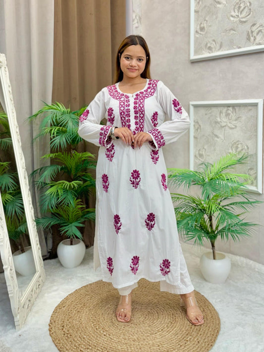 White mulmul chikankari kurta with wine-colored contrast thread hand embroidery