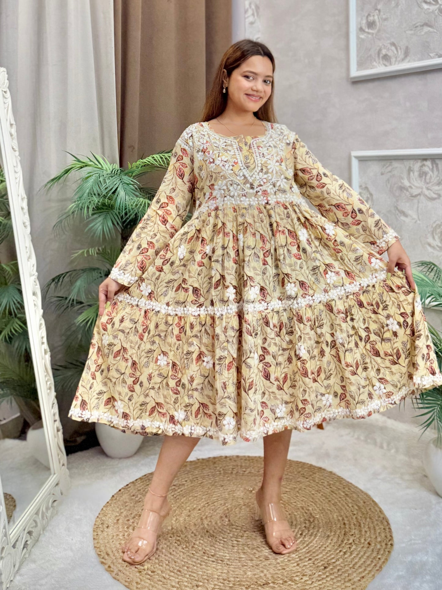 Printed Beige Mulmul Chikankari Frock – Flared Knee-Length Kurta