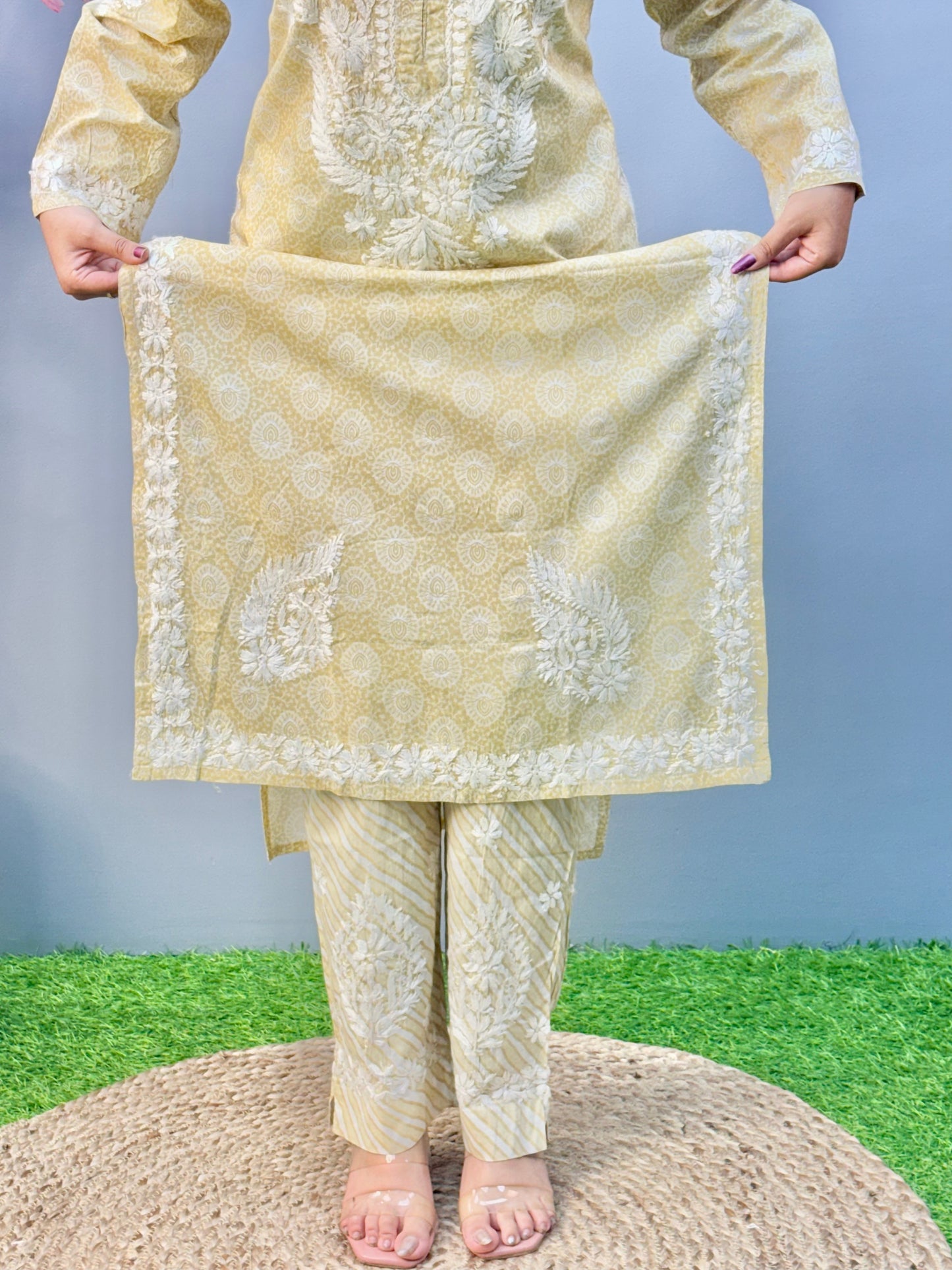 Beige printed Lucknow chikankari kurta and pant set in soft mulmul fabric