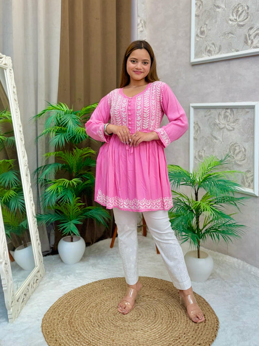 Baby pink rayon short flared Lucknow Chikankari kurta with hand embroidery