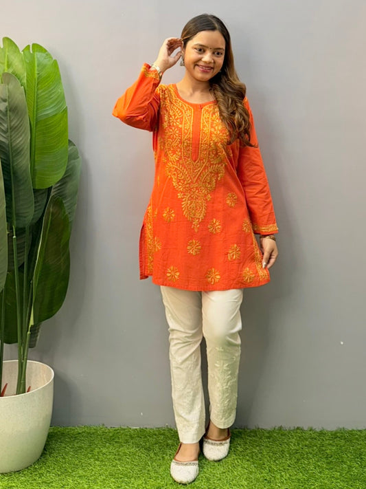 Fiery orange short cotton Chikankari kurta with golden hand embroidery, perfect for casual or everyday wear