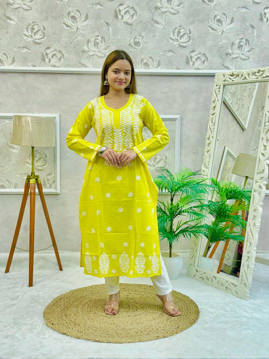 Yellow cotton Lucknow Chikankari kurta with white embroidery