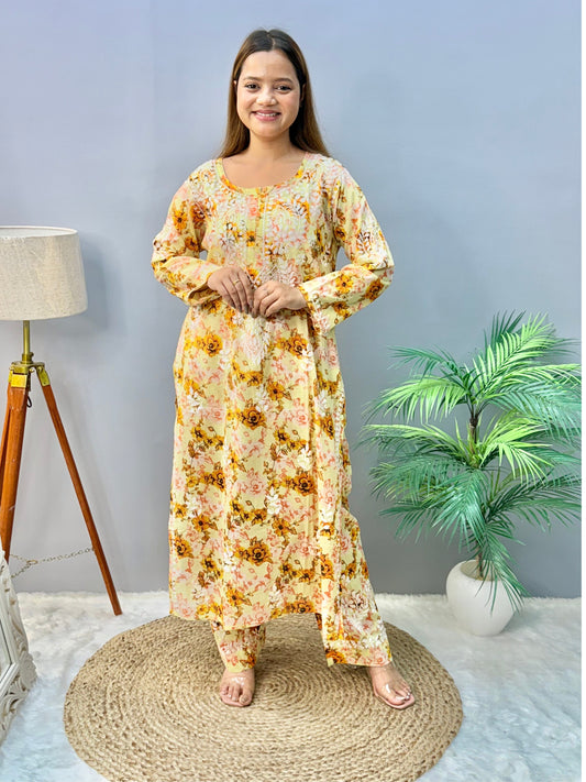 Sahar Sunshine – Yellow Floral Printed Mulmul Chikankari Kurta Pant Set