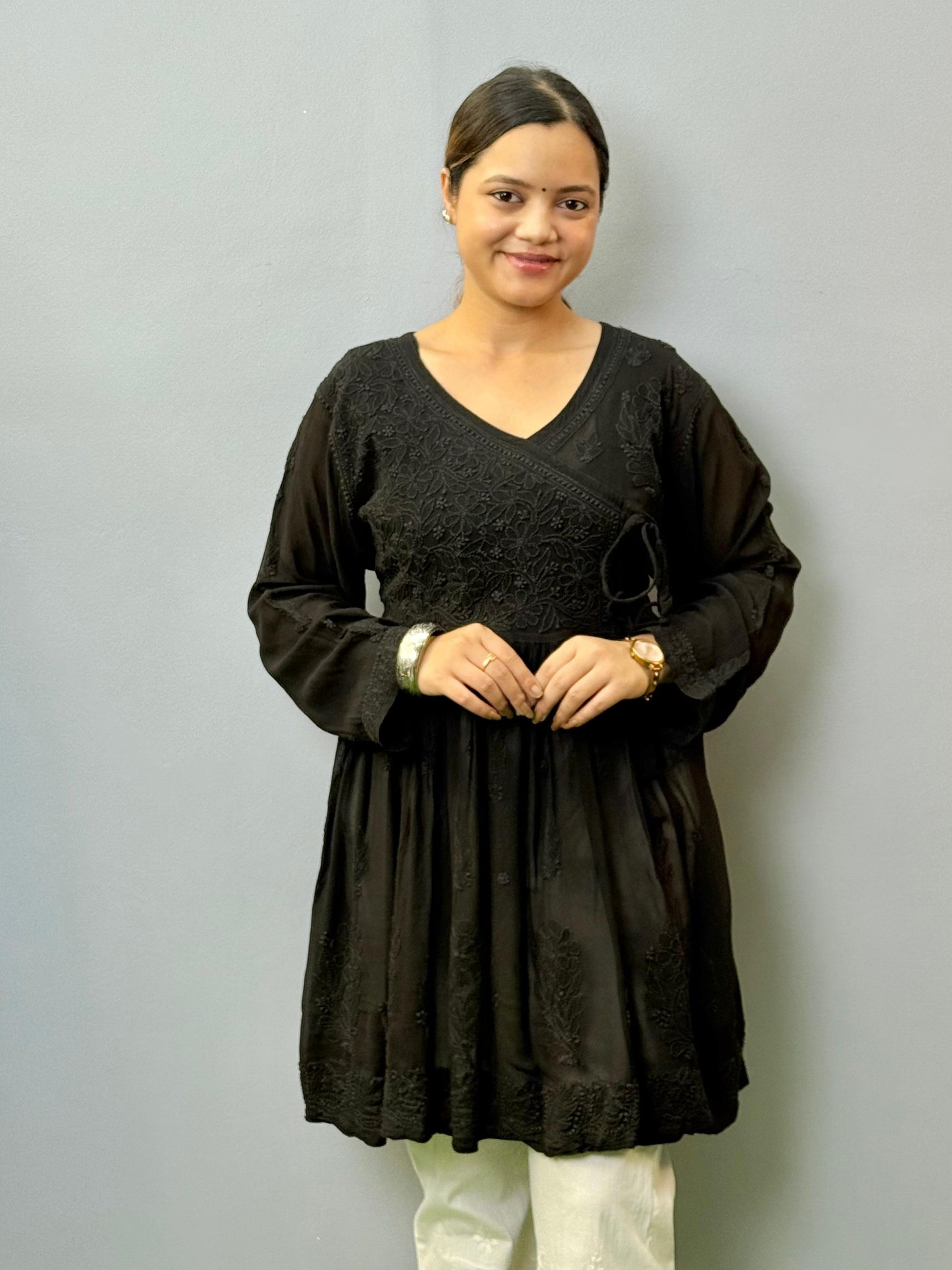 Black Lucknow chikankari short kurta with angrakha pattern in viscose transy fabric