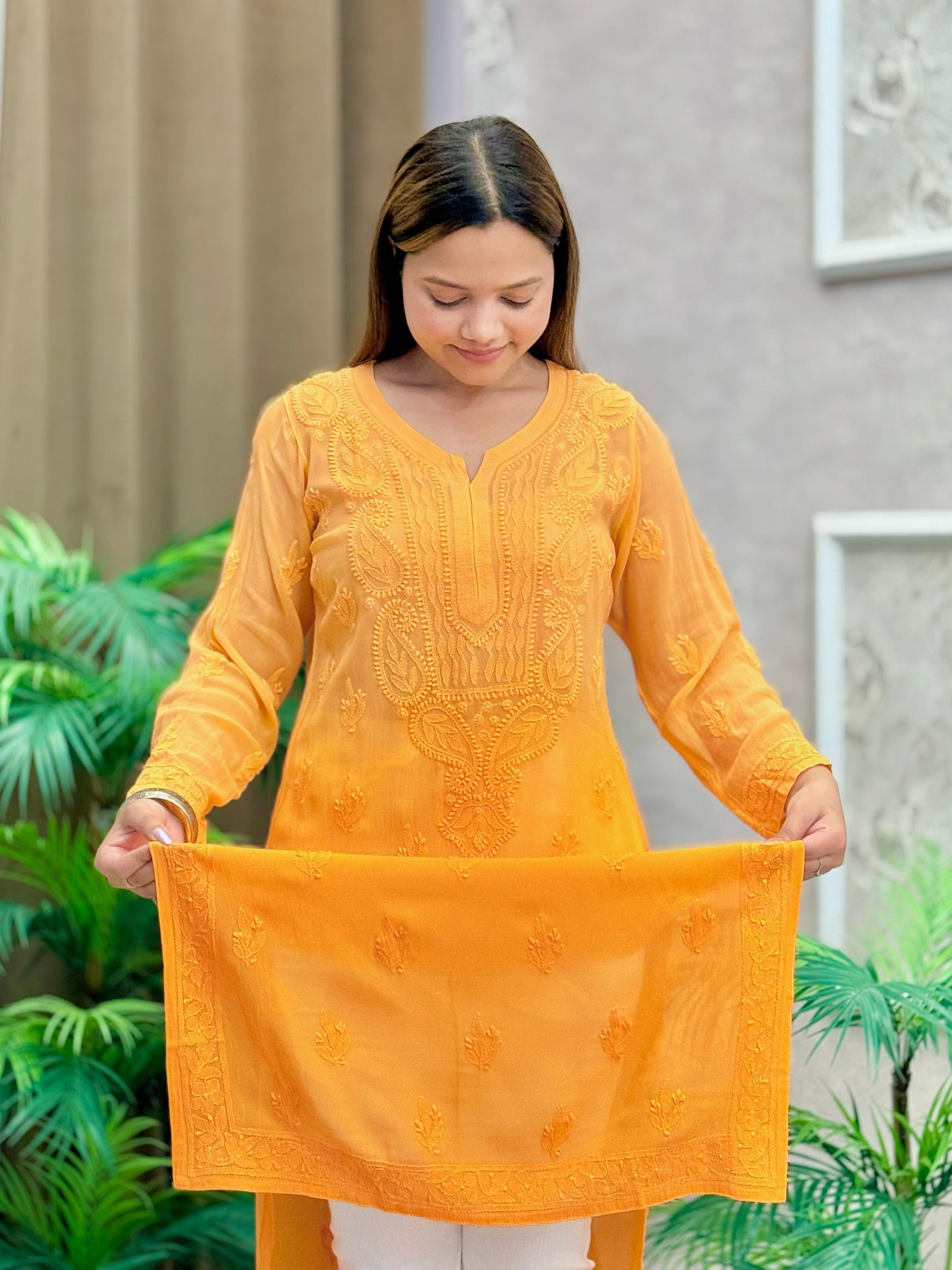 Amber orange viscose kurta with Lucknow chikankari hand embroidery