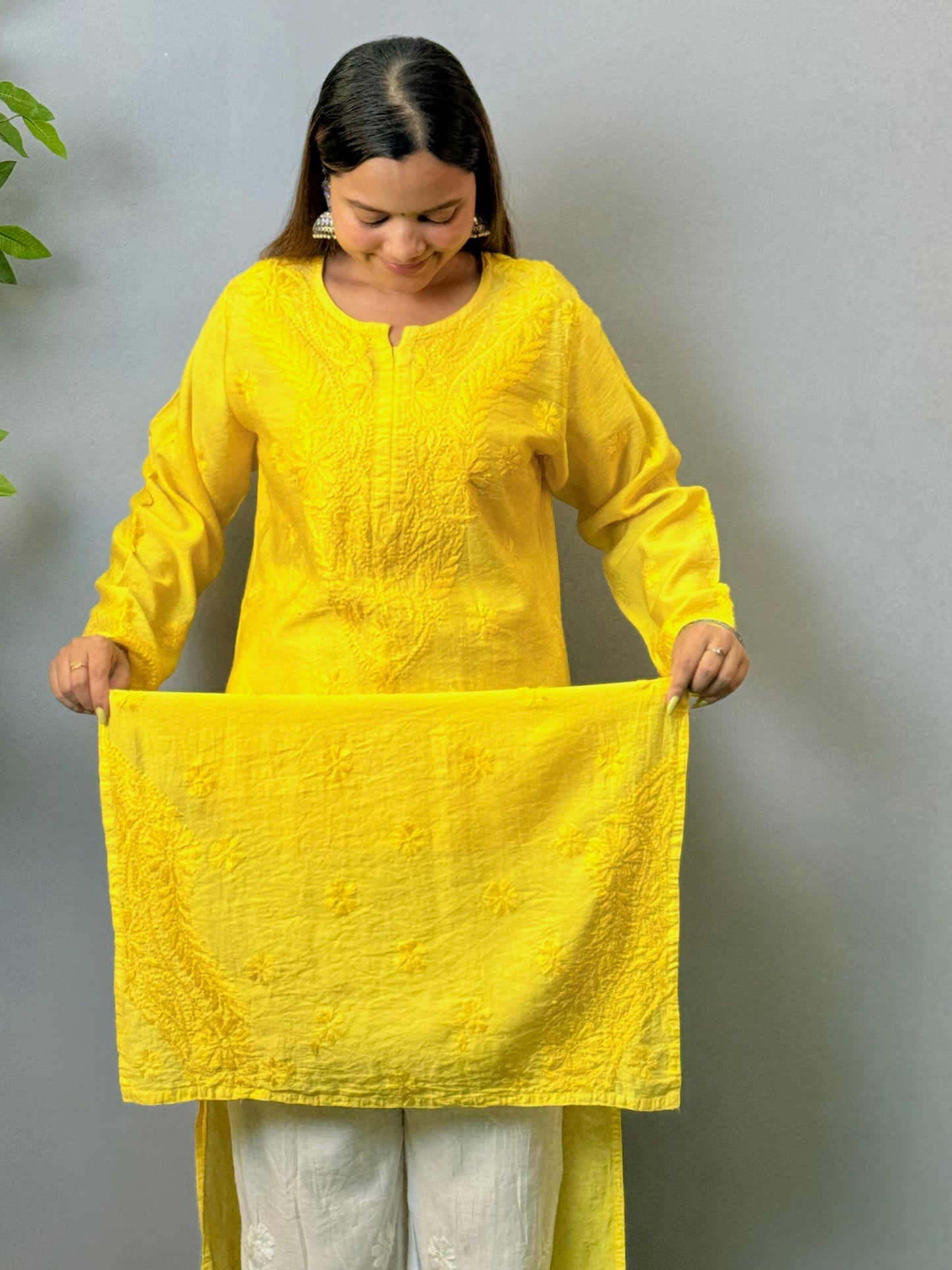 Yellow Chanderi Lucknow Chikankari Kurta with delicate hand embroidery