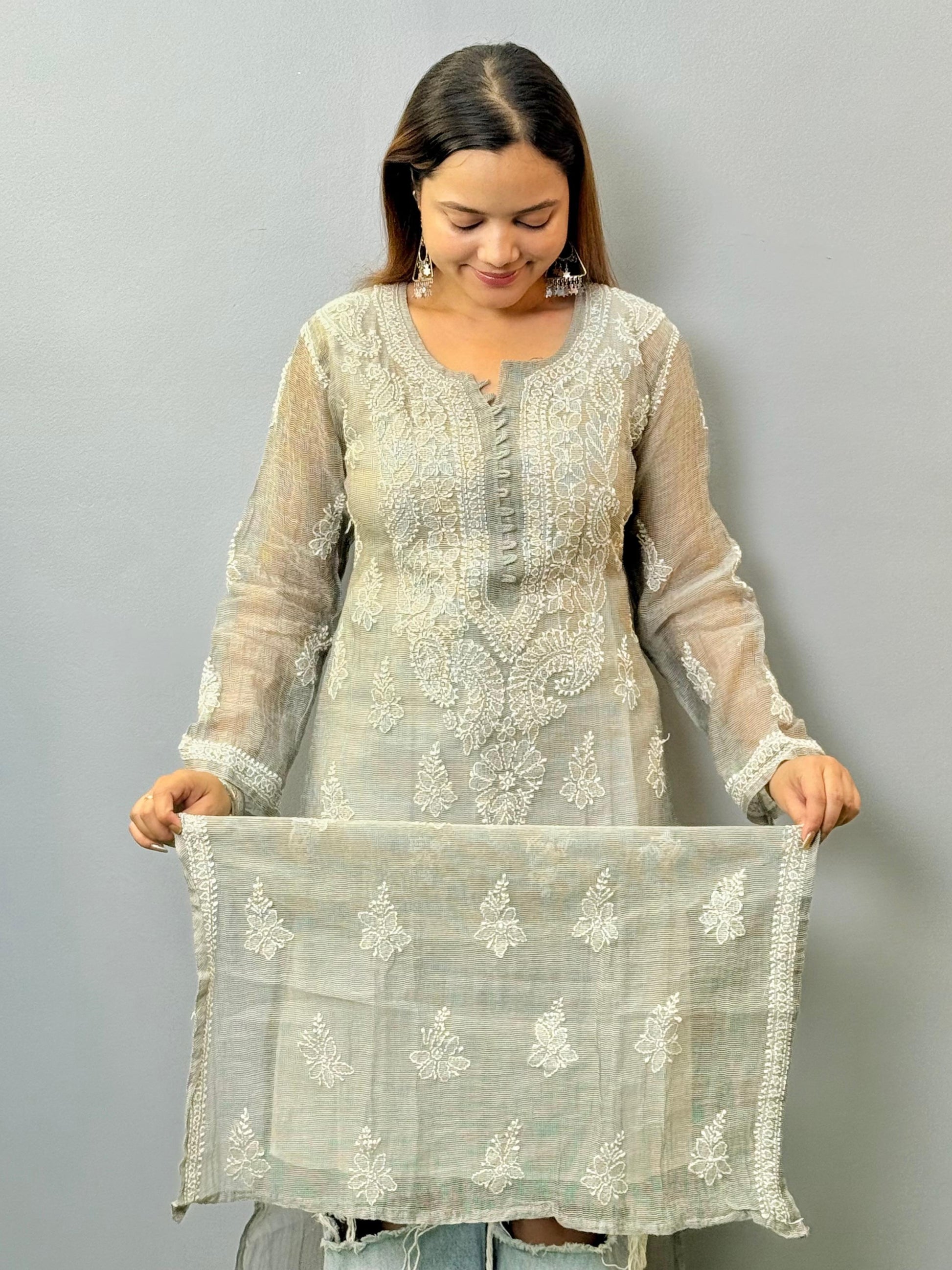 Muted stone grey kota chikankari kurta with white thread hand embroidery