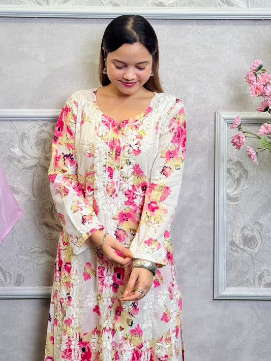 Lucknow Chikankari printed white and pink floral mulmul kurta palazzo set with pastel chiffon dupatta and hand embroidery