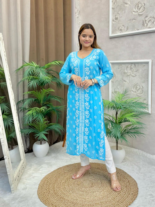 Sky blue modal Lucknow Chikankari kurta with floral hand embroidery