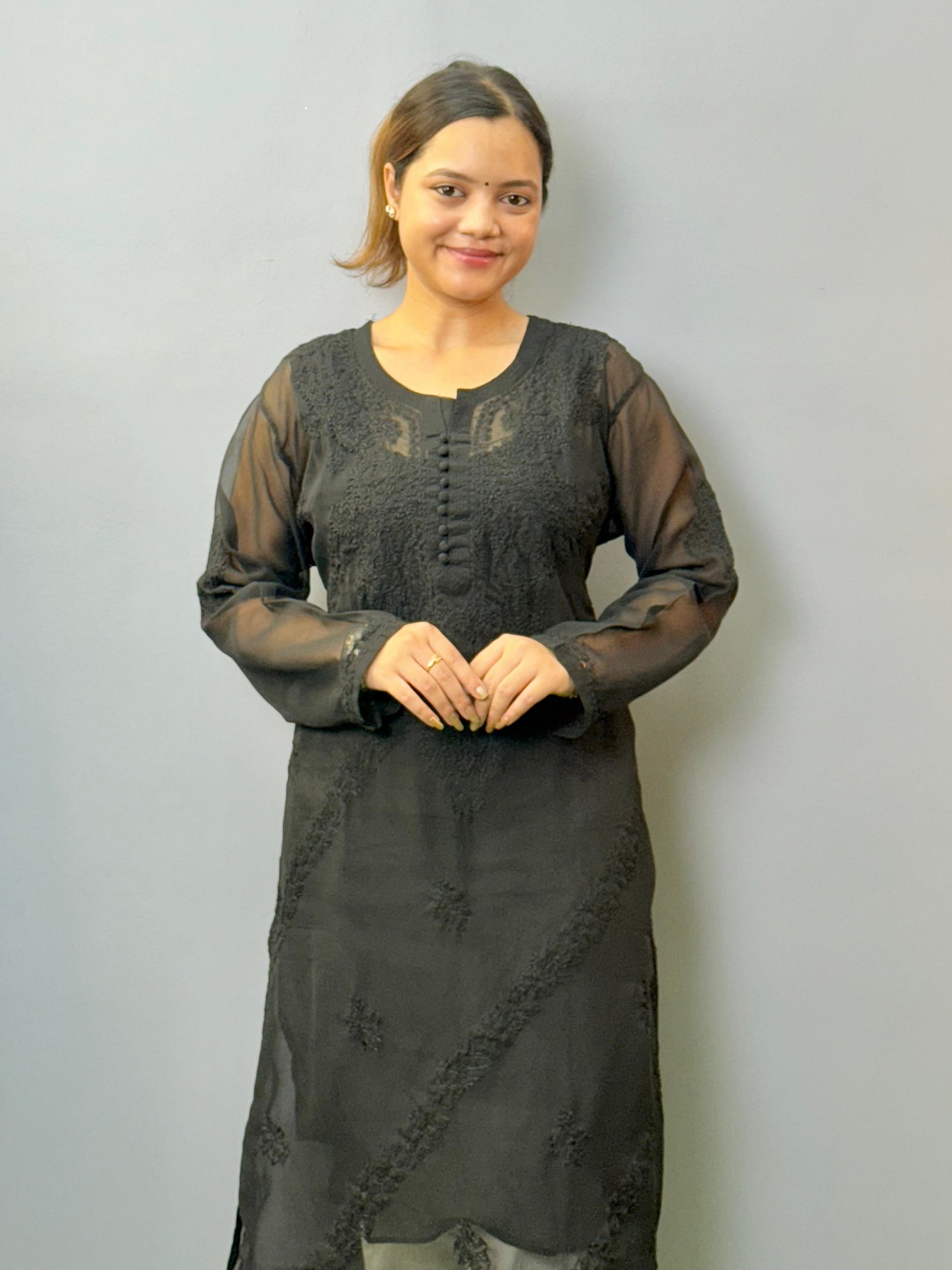 Black sheer georgette chikankari kurta with hand embroidery and straight fit