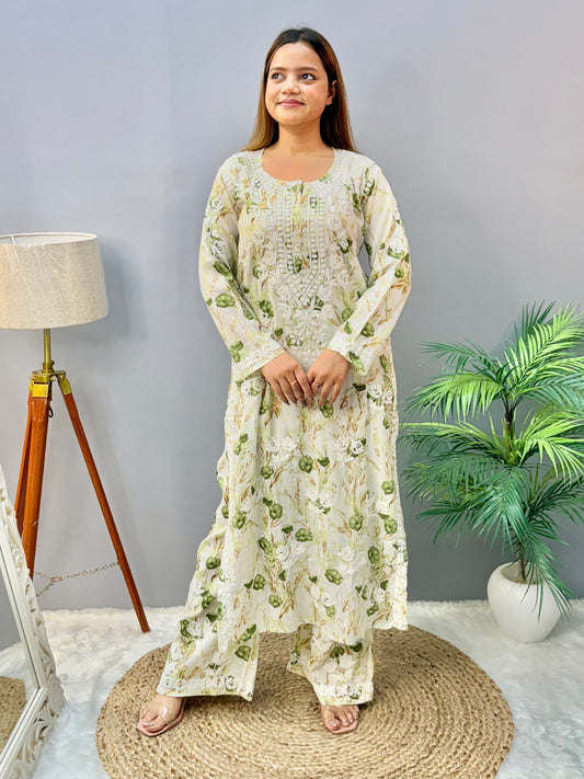 Beige floral printed mulmul Lucknow Chikankari kurta and palazzo set with 3D hand embroidery