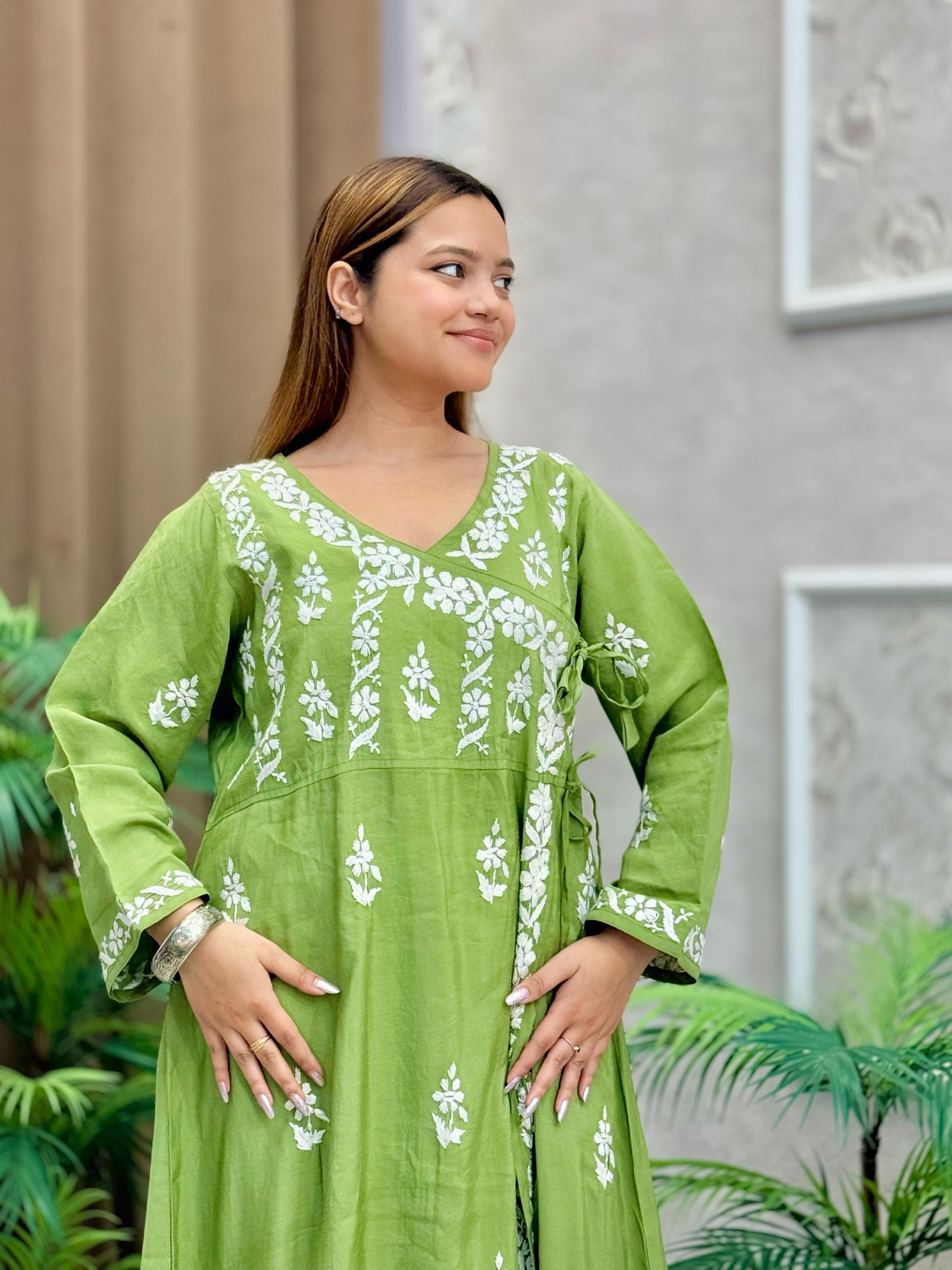Olive green Chanderi angrakha kurta with white hand embroidery