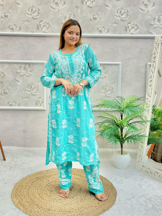 Teal muslin Lucknow Chikankari kurta and pant set with white hand embroidery