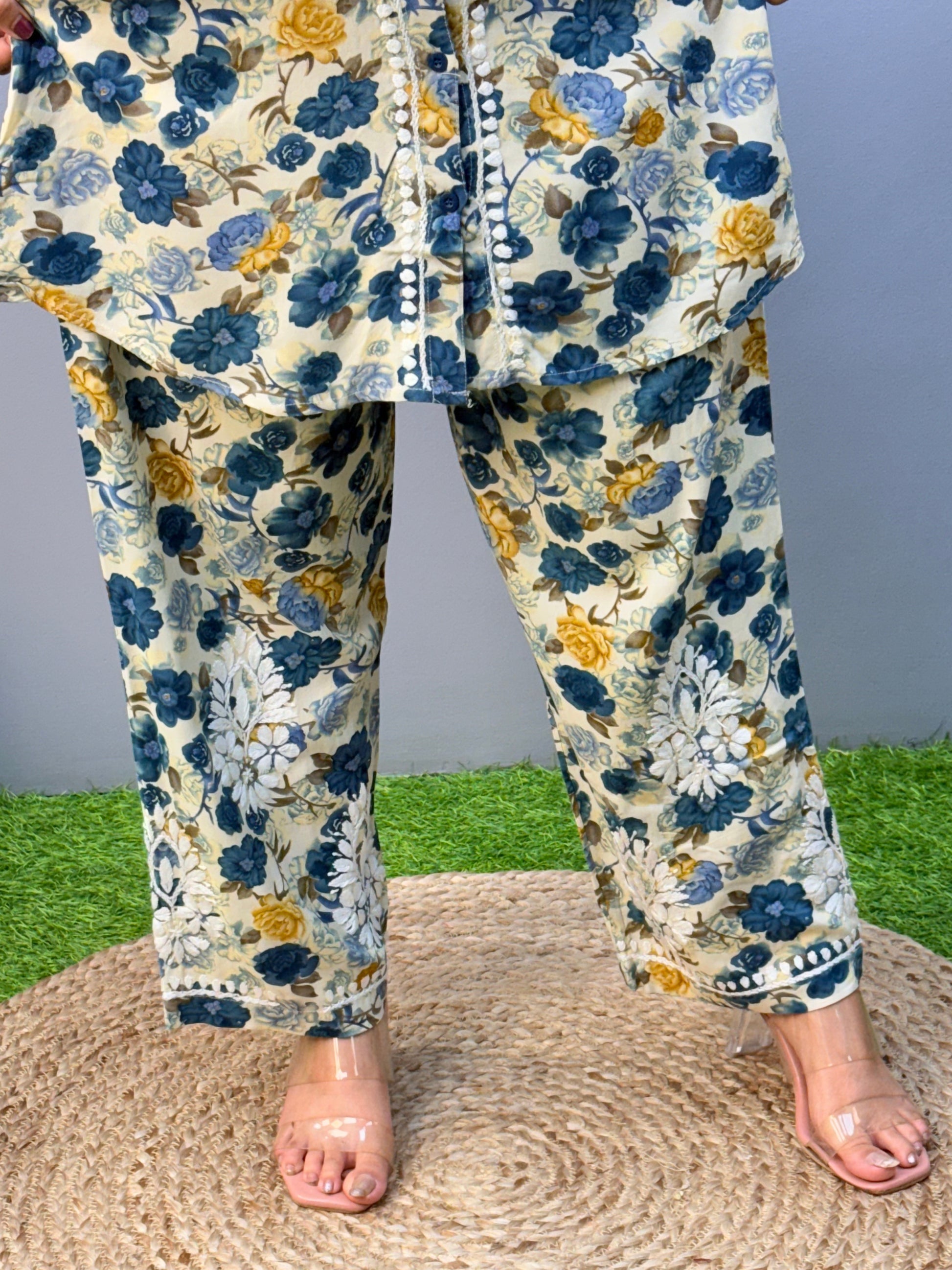 Blue and yellow floral printed rayon co-ord set with Lucknow Chikankari embroidery