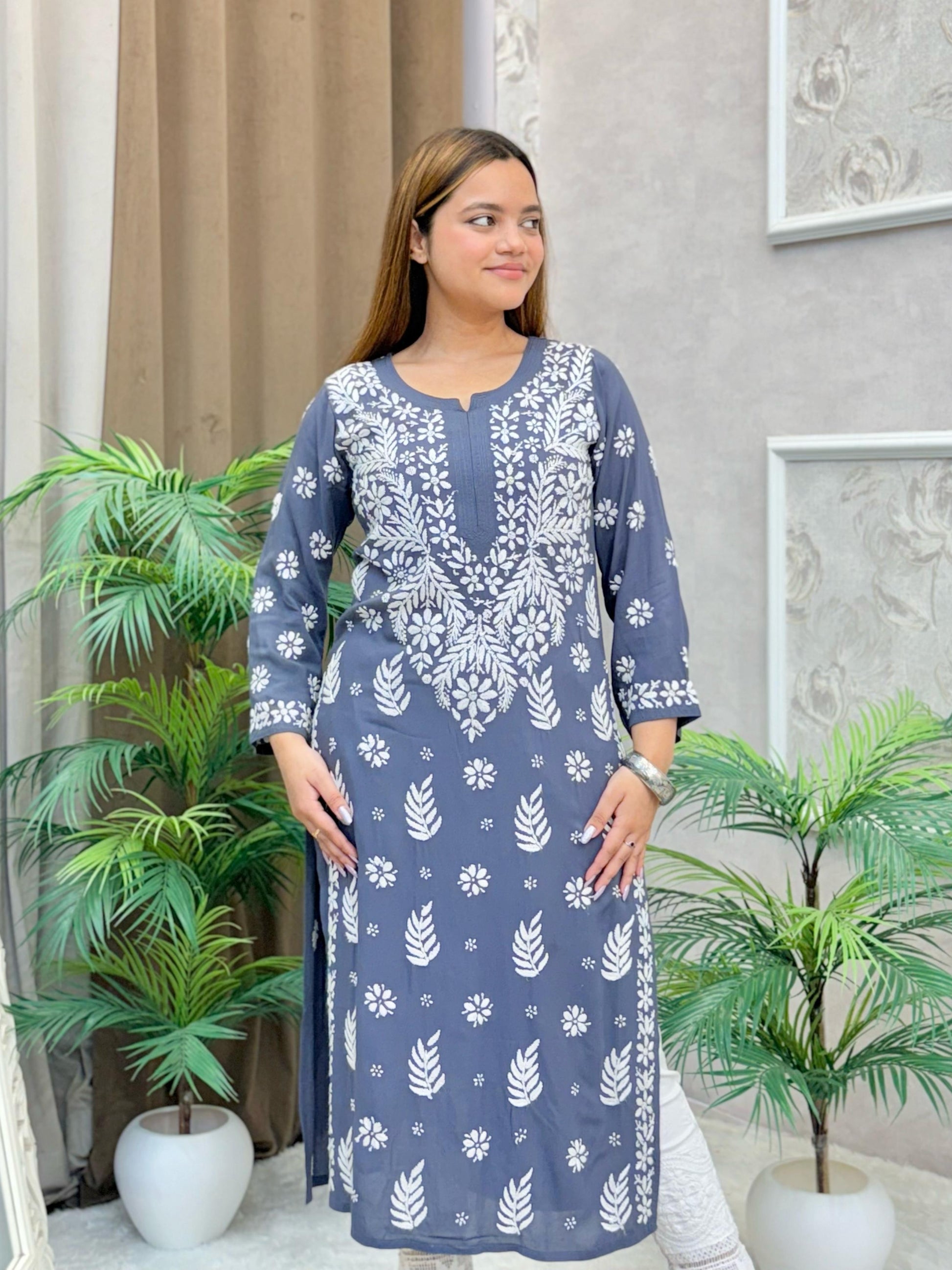 Grey modal fabric straight cut Lucknow Chikankari kurta with white thread embroidery