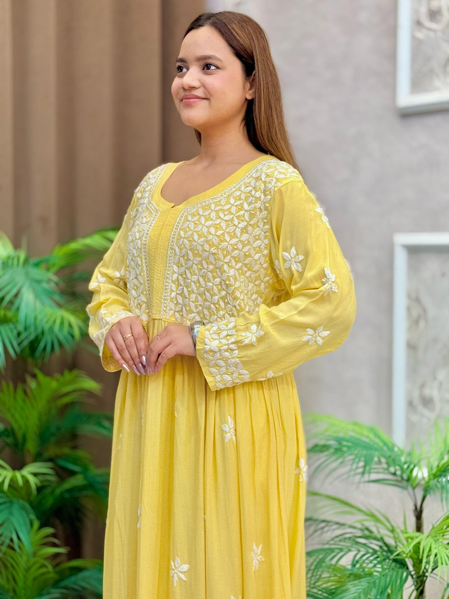 Yellow modal fabric Lucknow Chikankari long frock kurta with white hand embroidery