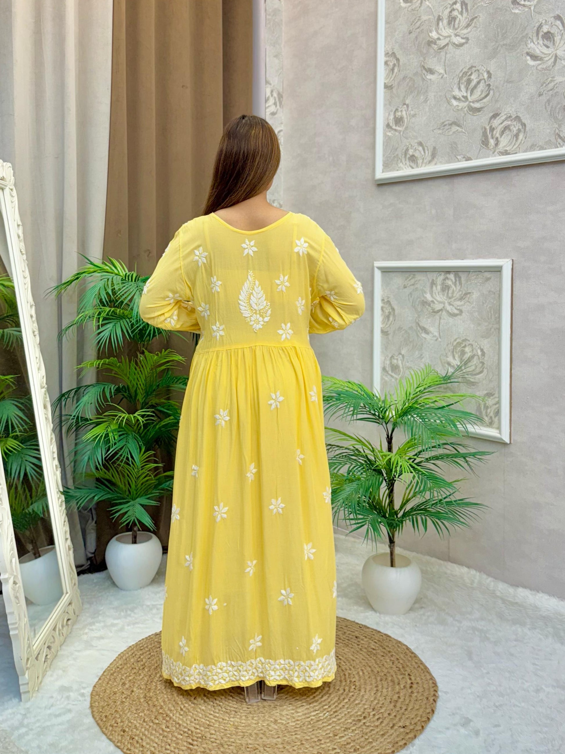Yellow modal fabric Lucknow Chikankari long frock kurta with white hand embroidery