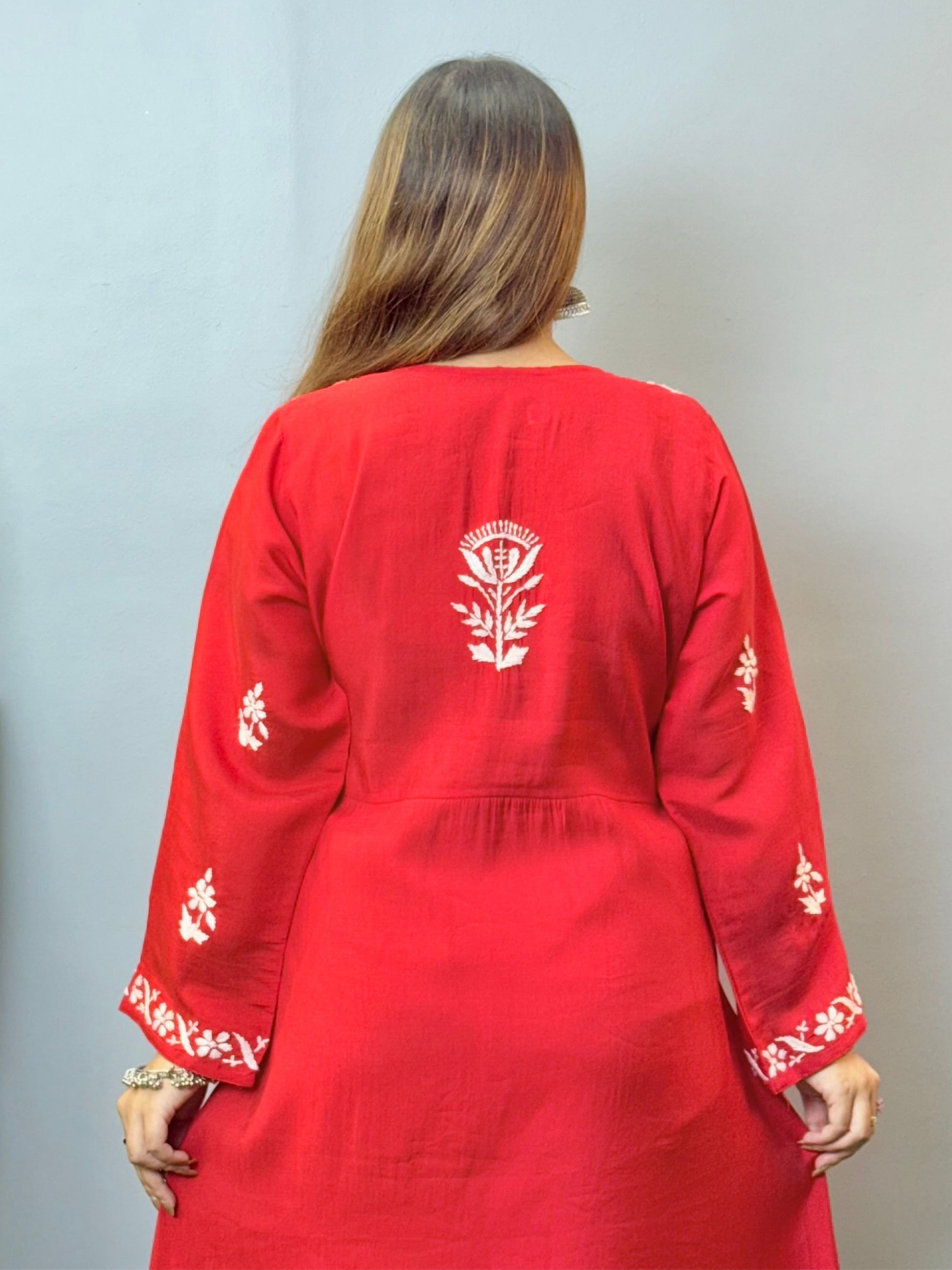 Red Chanderi Angrakha style Chikankari kurta with white hand embroidery – perfect festive ethnic wear