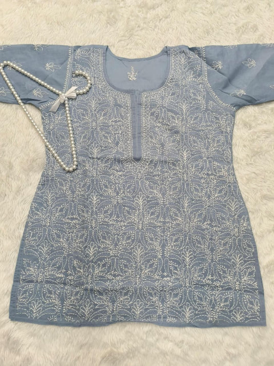 Lucknow Chikankari grey voile cotton short kurta with white hand embroidery