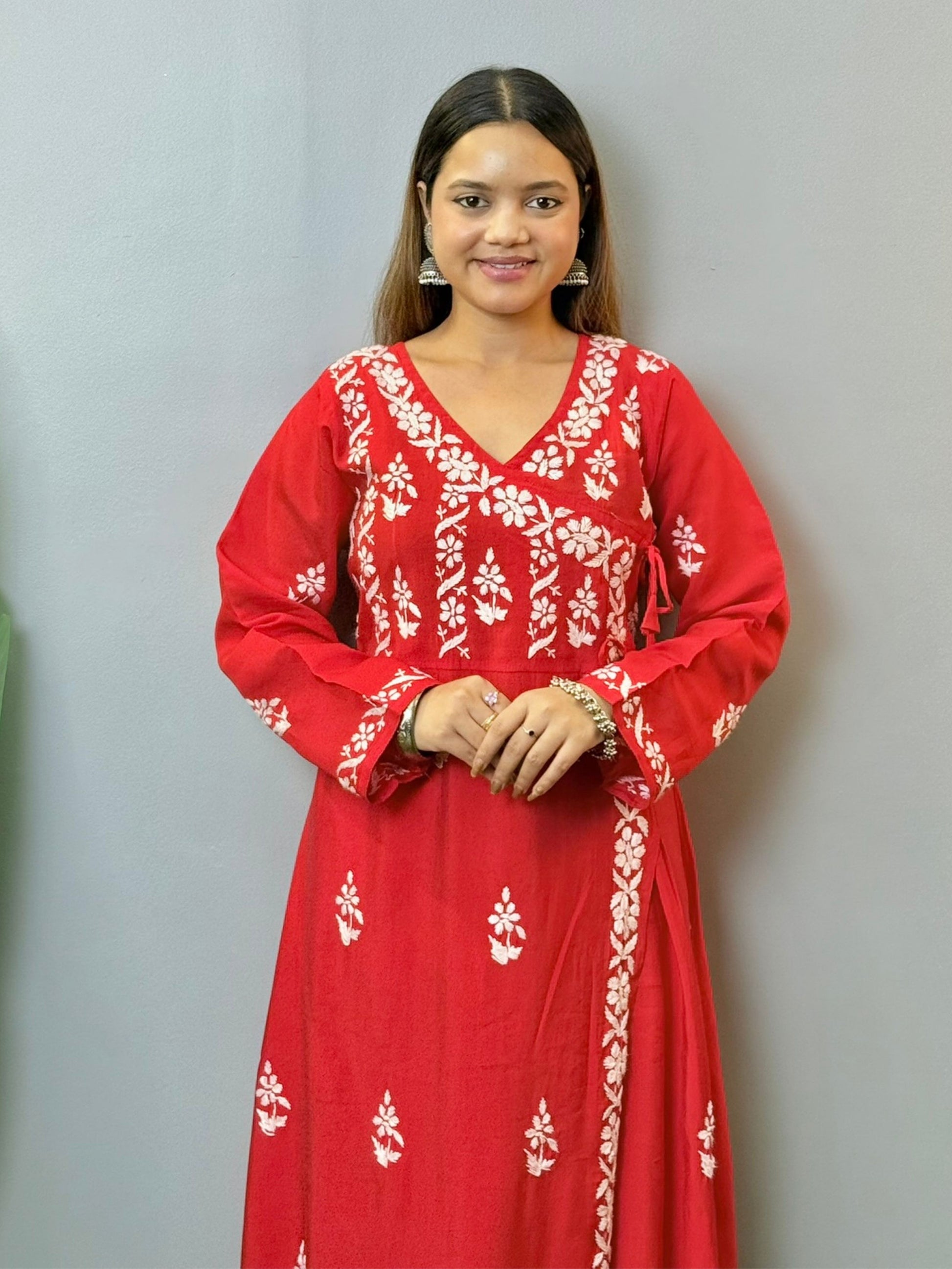 Red Chanderi Angrakha style Chikankari kurta with white hand embroidery – perfect festive ethnic wear