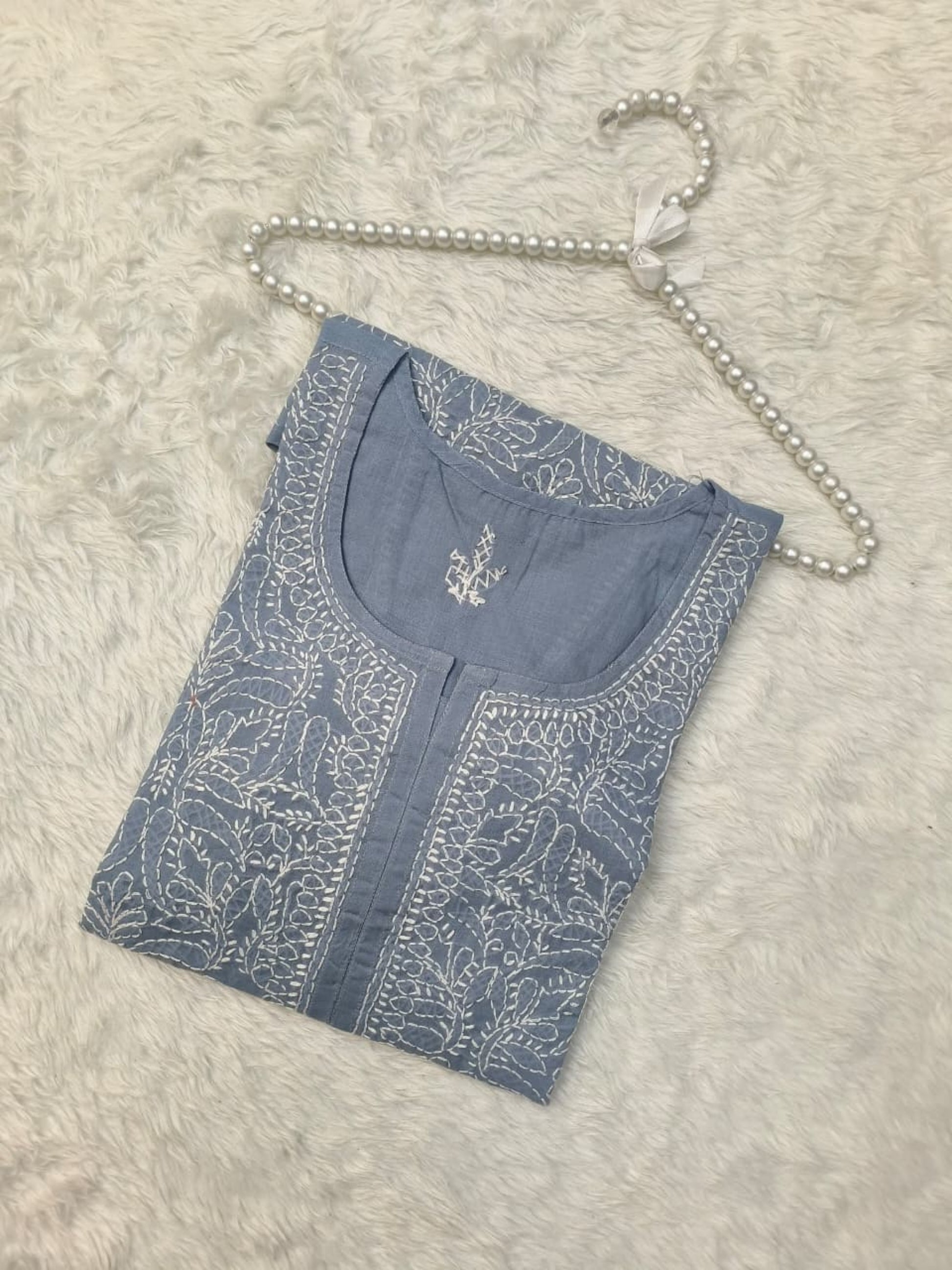 Lucknow Chikankari grey voile cotton short kurta with white hand embroidery