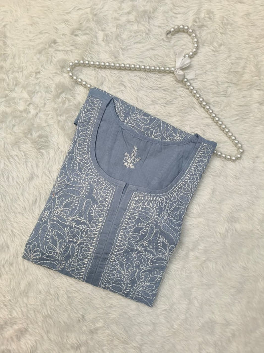 Lucknow Chikankari grey voile cotton short kurta with white hand embroidery