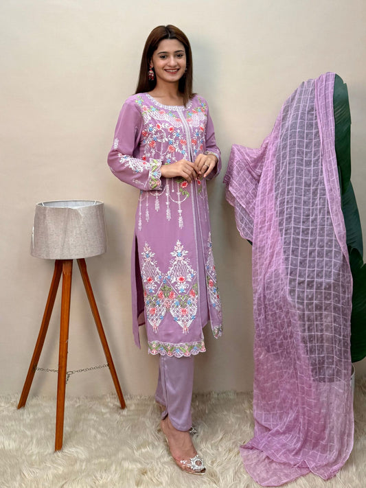 Model wearing a lavender georgette embroidered kurta with multicolor machine embroidery, paired with lycra stretchable pants – Designer Wear Collection.