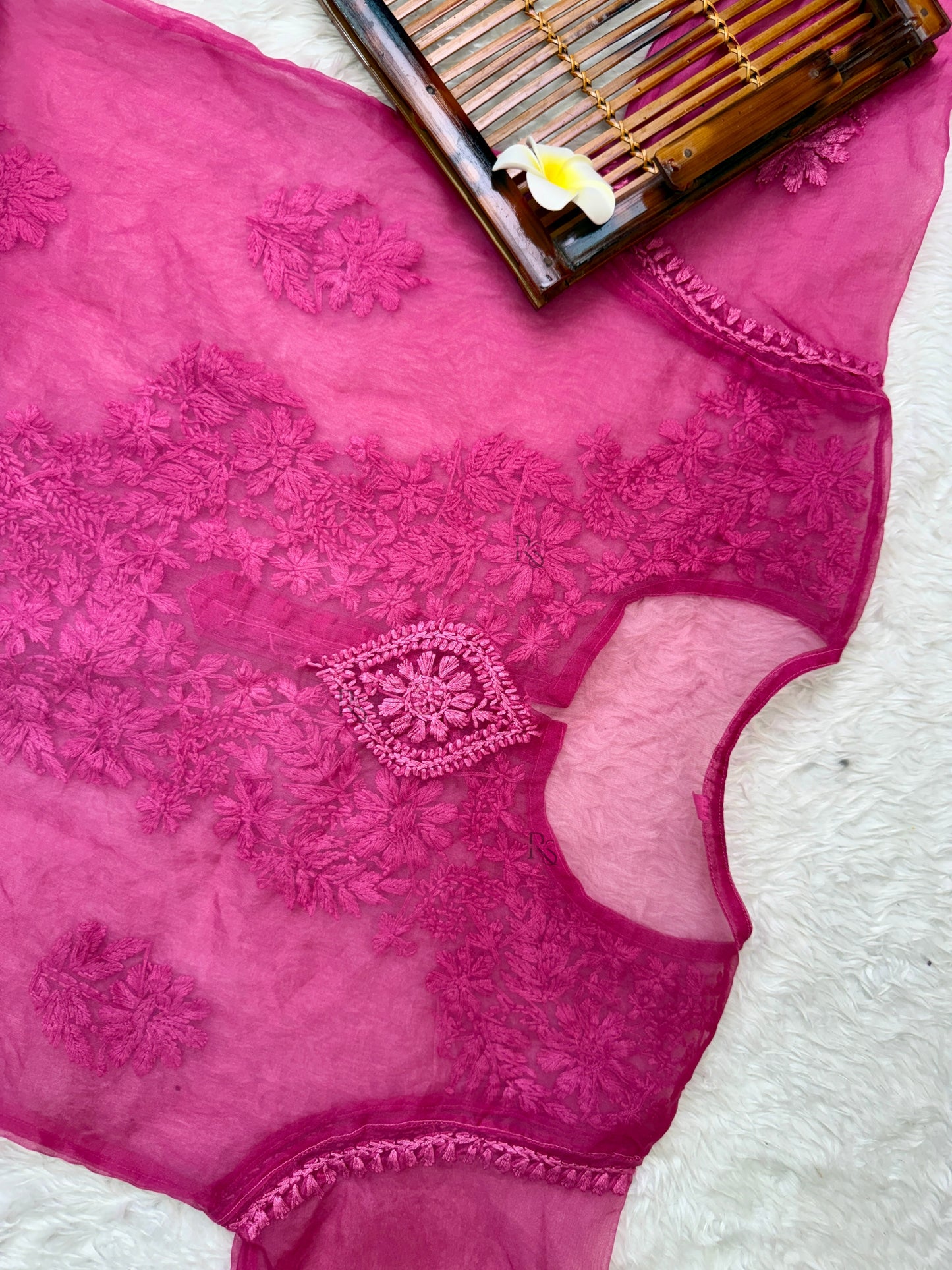 Magenta Lucknow chikankari organza kurta with hand embroidery in transy fabric