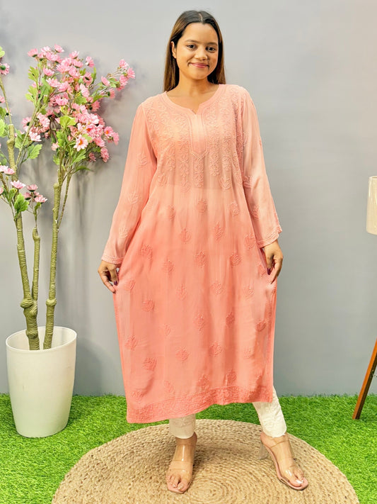 Peach viscose Lucknow Chikankari kurta with delicate hand embroidery, soft and premium fabric.