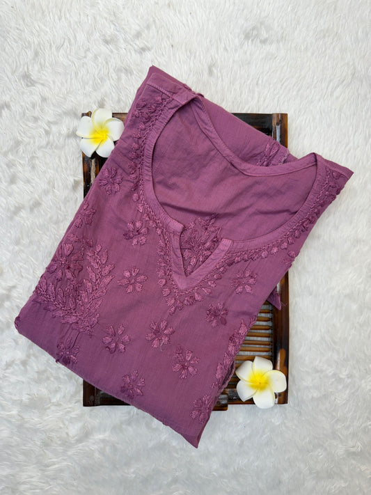 Mauve cotton chikankari long flair kurta with hand embroidery in premium quality