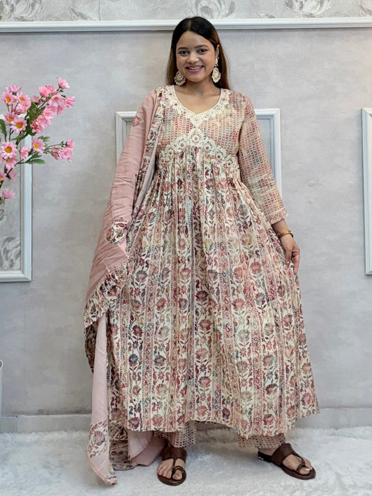 Model wearing a dusty rose floral long flared chanderi silk dress with hand embroidery – Designer Wear Collection.