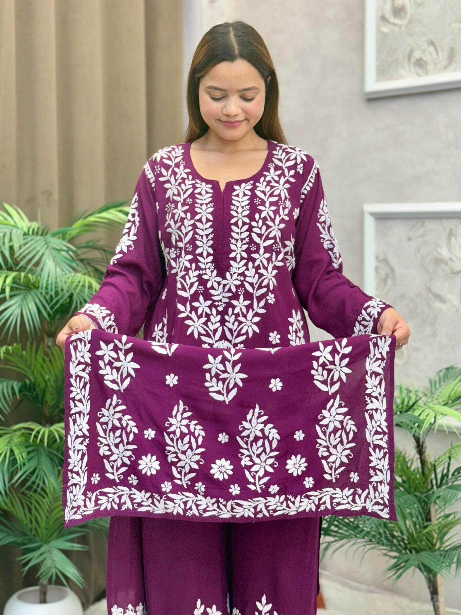 Royal plum modal chikankari kurta and palazzo set with white hand embroidery