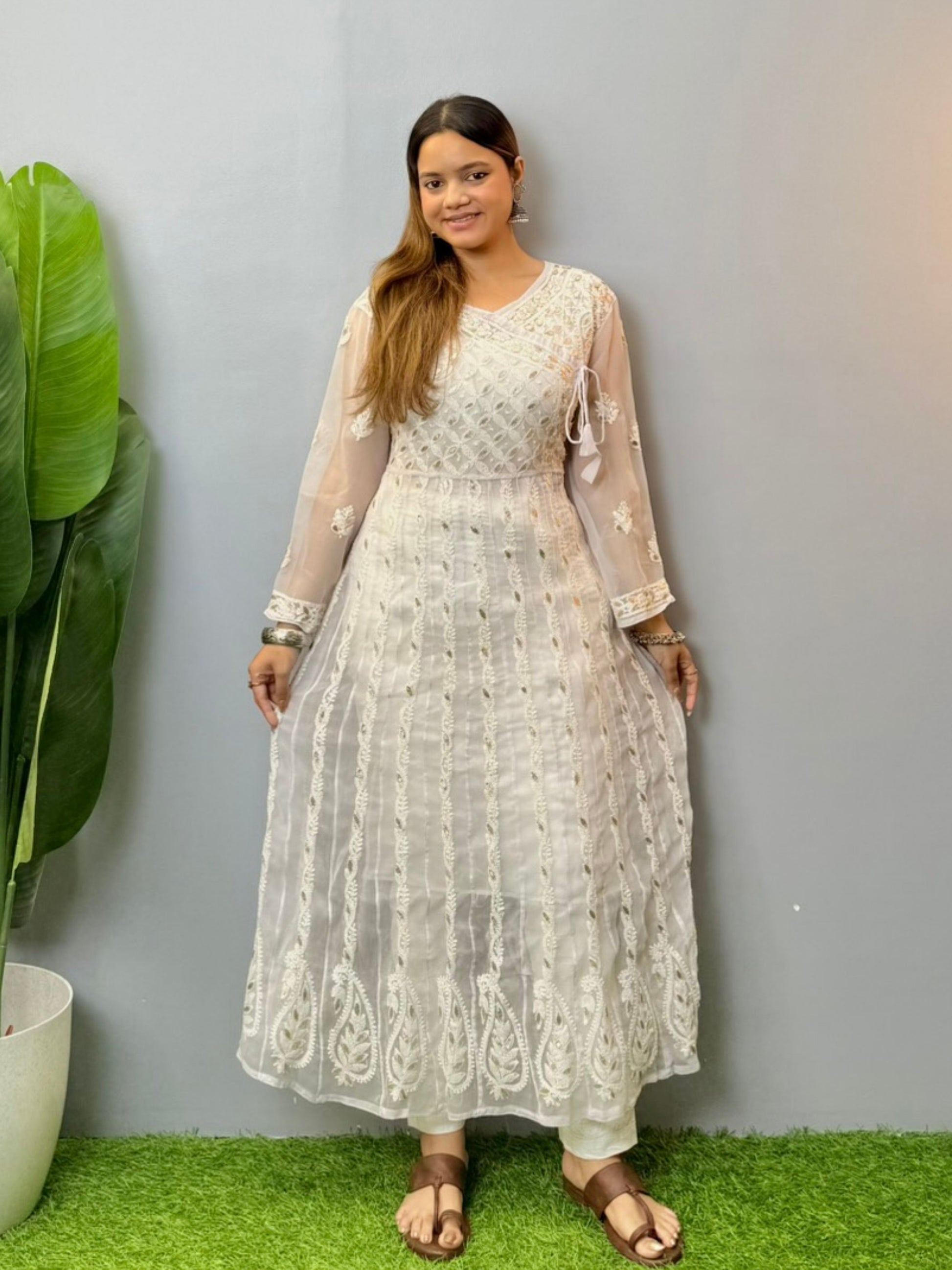 White long georgette frock with Lucknowi Chikankari embroidery and angrakha neck style