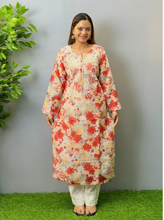 Model wearing beige and red floral chikankari kurta in crape fabric with white embroidery
