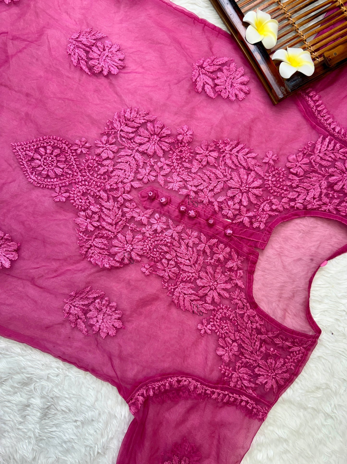 Magenta Lucknow chikankari organza kurta with hand embroidery in transy fabric