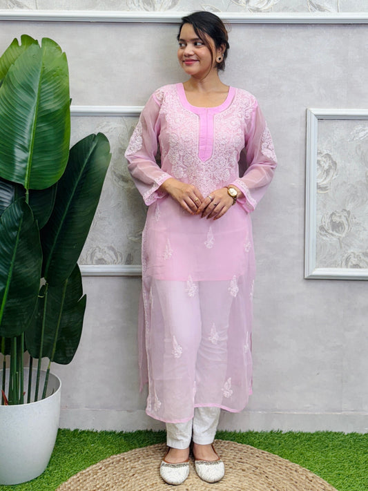 Baby pink georgette Lucknow Chikankari kurta with hand embroidery – casual wear