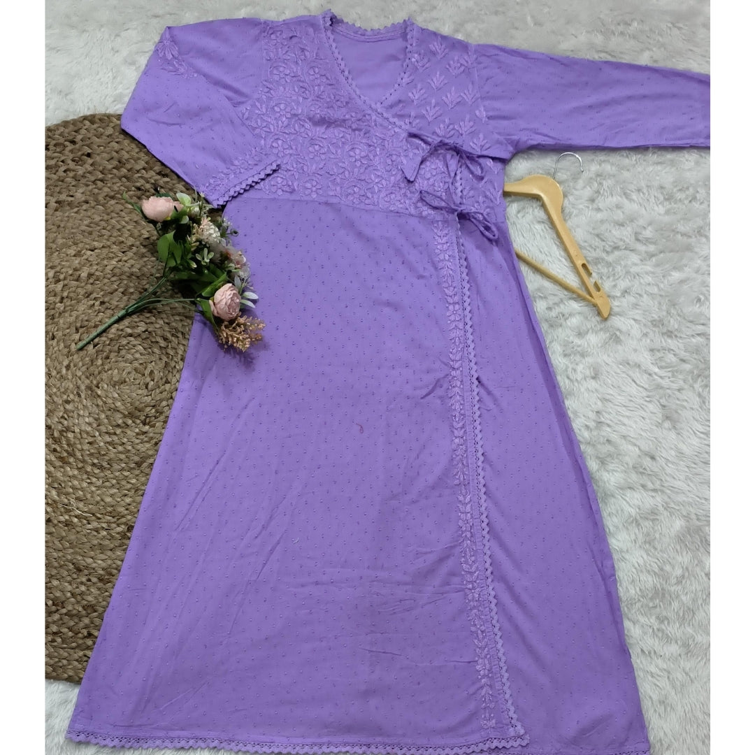 Classic Purple Chikankari Angrakha Kurta in Soft Dobby Cotton