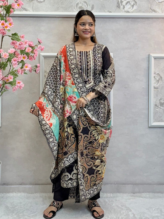 Model wearing a black printed mulmul kurta with mulmul pants and a multicolor printed mulmul dupatta – Designer Wear Collection.