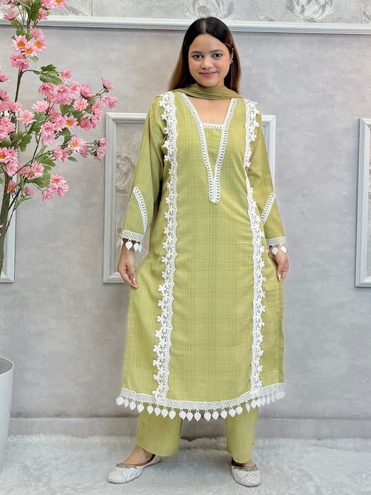 Model wearing an olive green georgette kurta with lacework, paired with georgette pants and a chiffon dupatta – Designer Wear Collection.