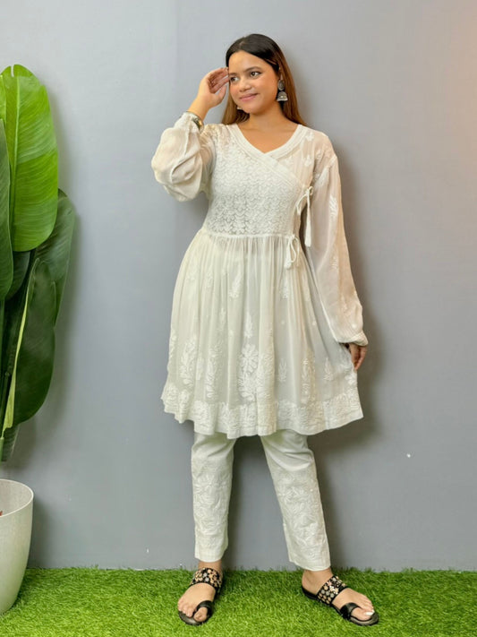 White angrakha-style short chikankari kurta in viscose fabric with hand embroidery