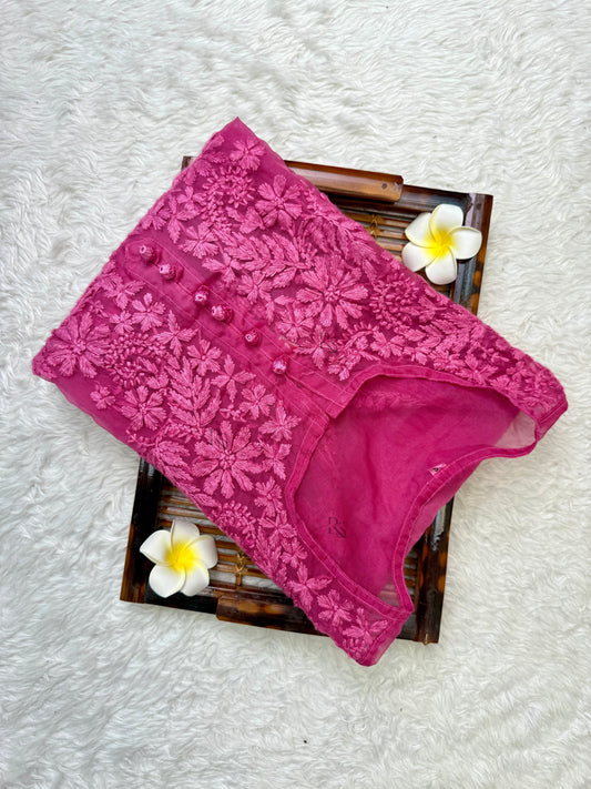 Magenta Lucknow chikankari organza kurta with hand embroidery in transy fabric