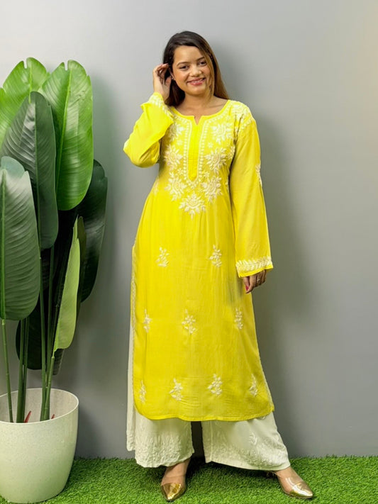 Yellow modal Lucknowi Chikankari kurta with hand embroidery – soft and elegant ethnic wear for women