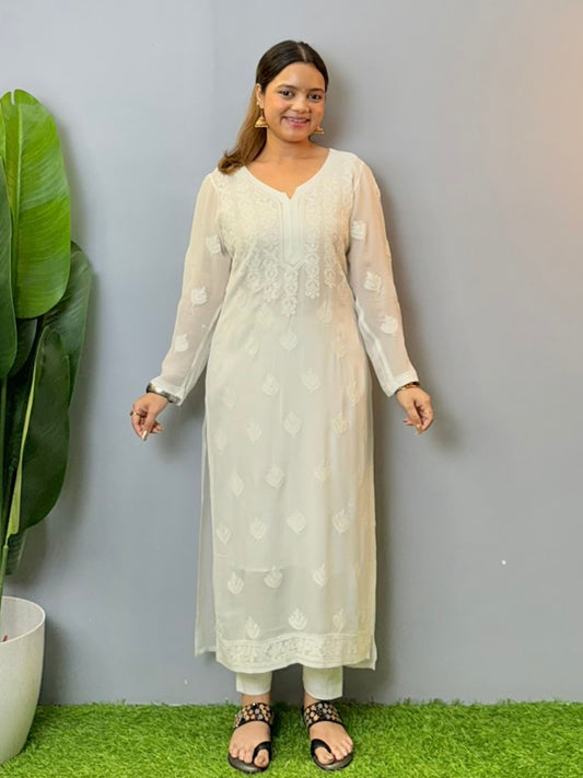 White viscose Lucknowi chikankari kurta with hand embroidery – full sleeves and elegant straight-fit design