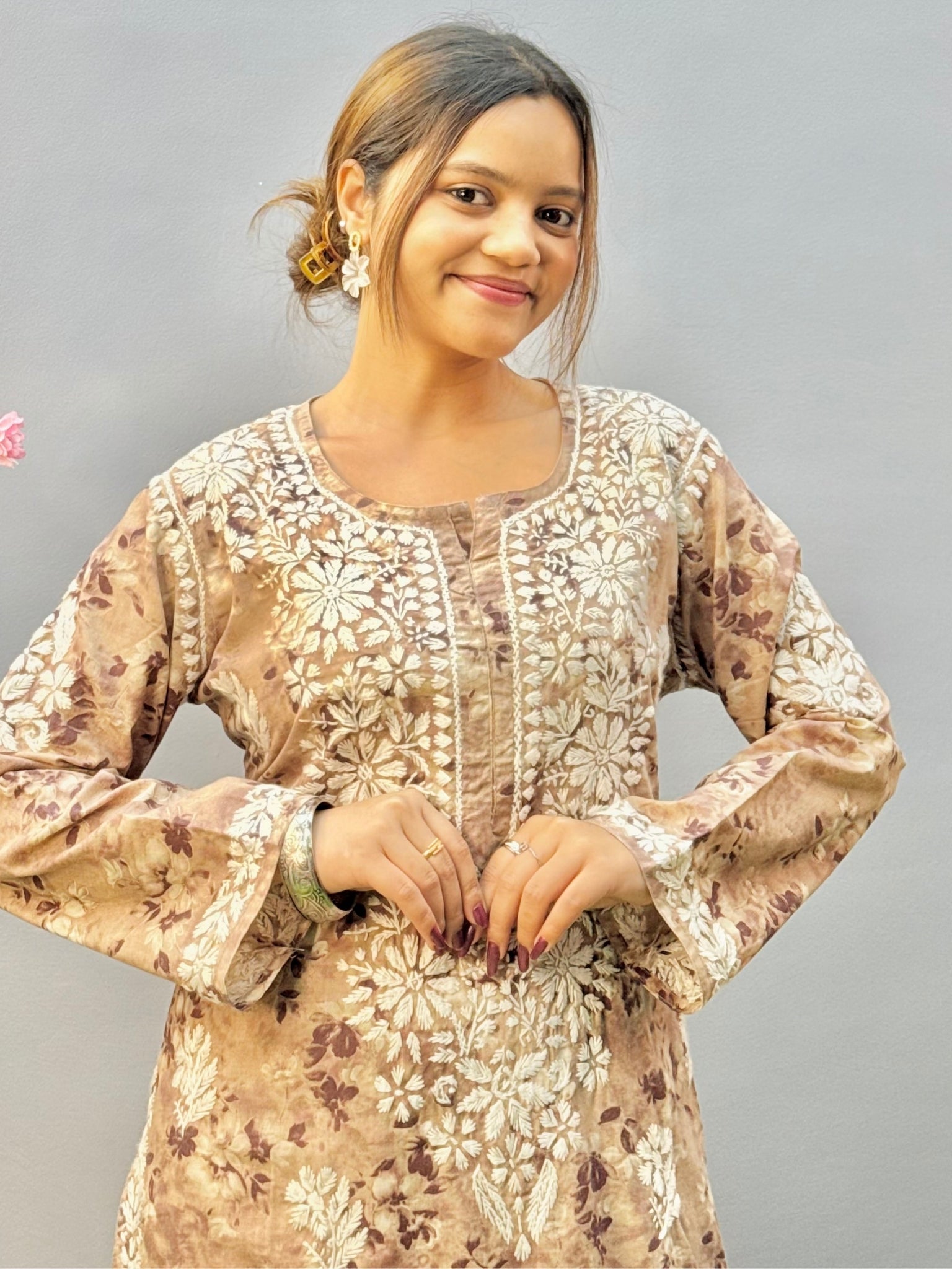 Lucknow Chikankari printed brown mulmul kurta and palazzo set with hand embroidery.